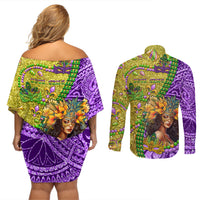 Personalised Hawaii Mardi Gras Couples Matching Off Shoulder Short Dress and Long Sleeve Button Shirt Polynesian Pattern With Glitter Style LT05 - Polynesian Pride