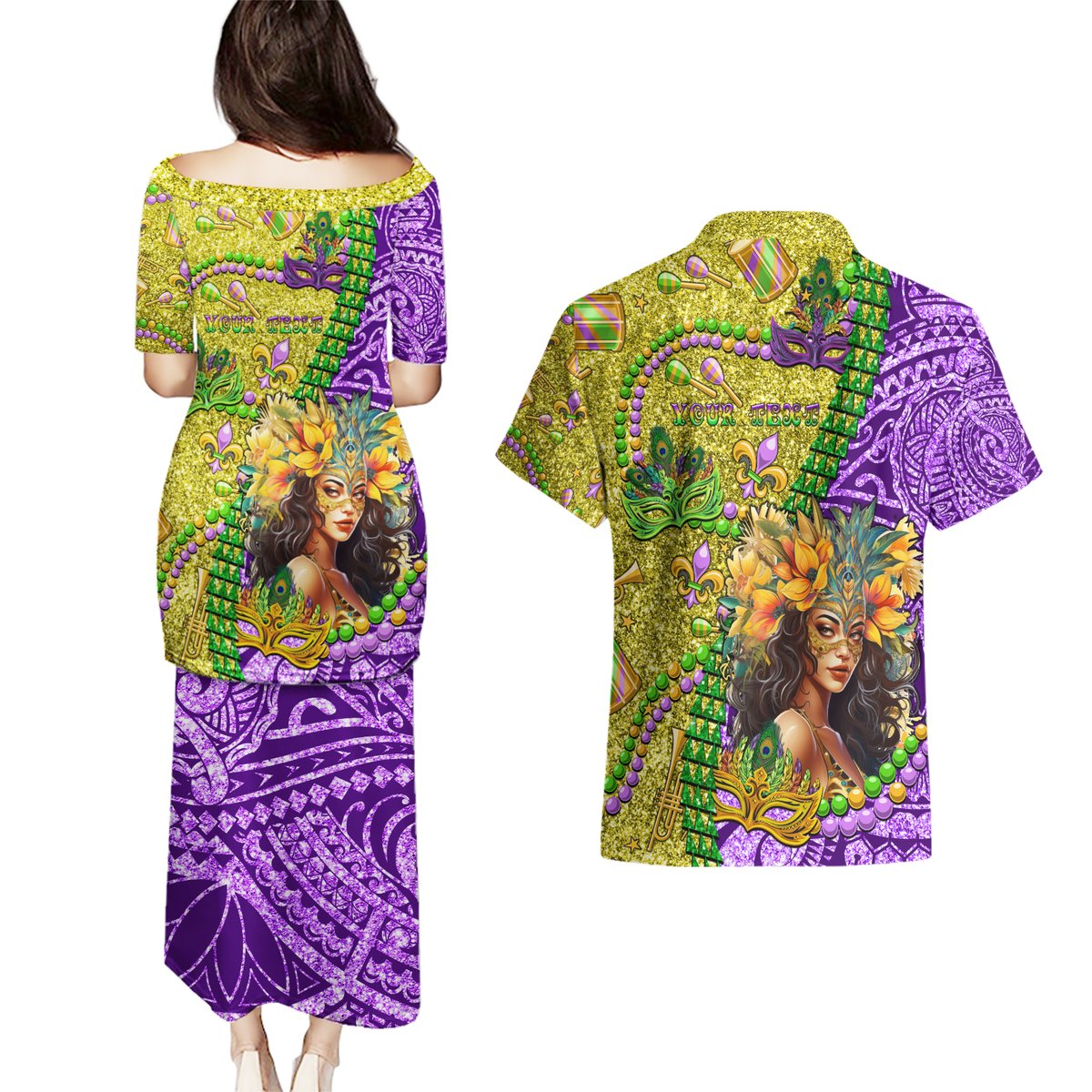 Personalised Hawaii Mardi Gras Couples Matching Puletasi and Hawaiian Shirt Polynesian Pattern With Glitter Style LT05 - Polynesian Pride