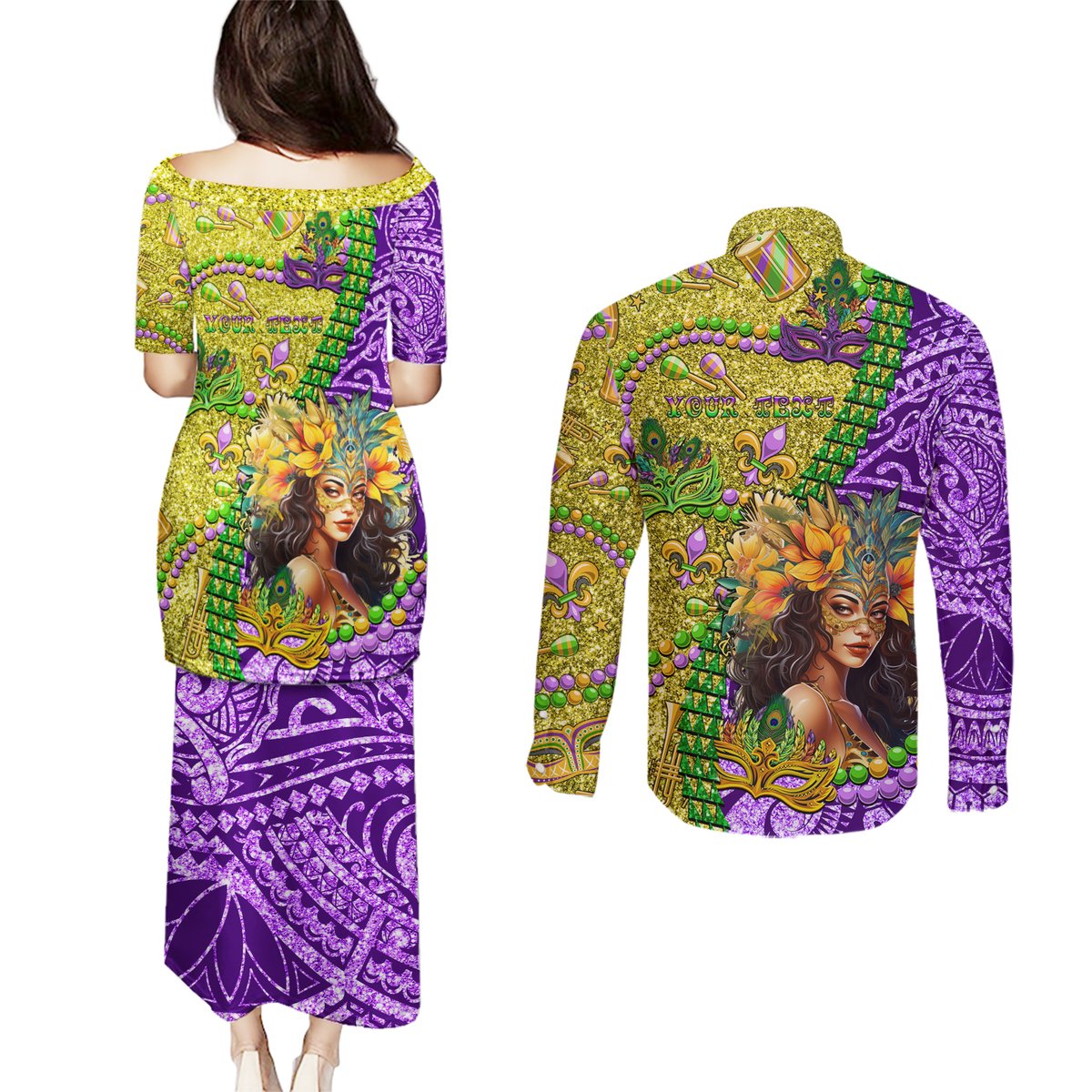 Personalised Hawaii Mardi Gras Couples Matching Puletasi and Long Sleeve Button Shirt Polynesian Pattern With Glitter Style LT05 - Polynesian Pride