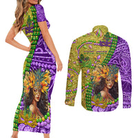 Personalised Hawaii Mardi Gras Couples Matching Short Sleeve Bodycon Dress and Long Sleeve Button Shirt Polynesian Pattern With Glitter Style LT05 - Polynesian Pride
