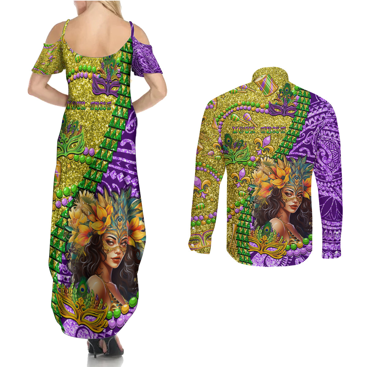Personalised Hawaii Mardi Gras Couples Matching Summer Maxi Dress and Long Sleeve Button Shirt Polynesian Pattern With Glitter Style LT05 - Polynesian Pride