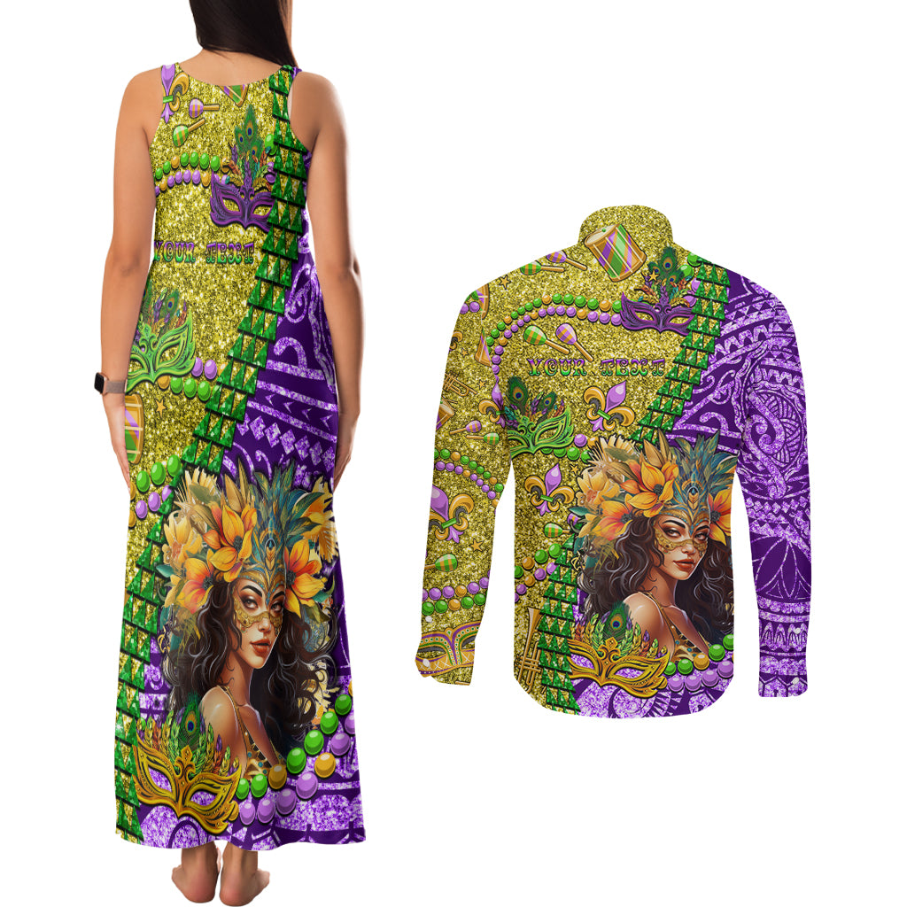 Personalised Hawaii Mardi Gras Couples Matching Tank Maxi Dress and Long Sleeve Button Shirt Polynesian Pattern With Glitter Style LT05 - Polynesian Pride