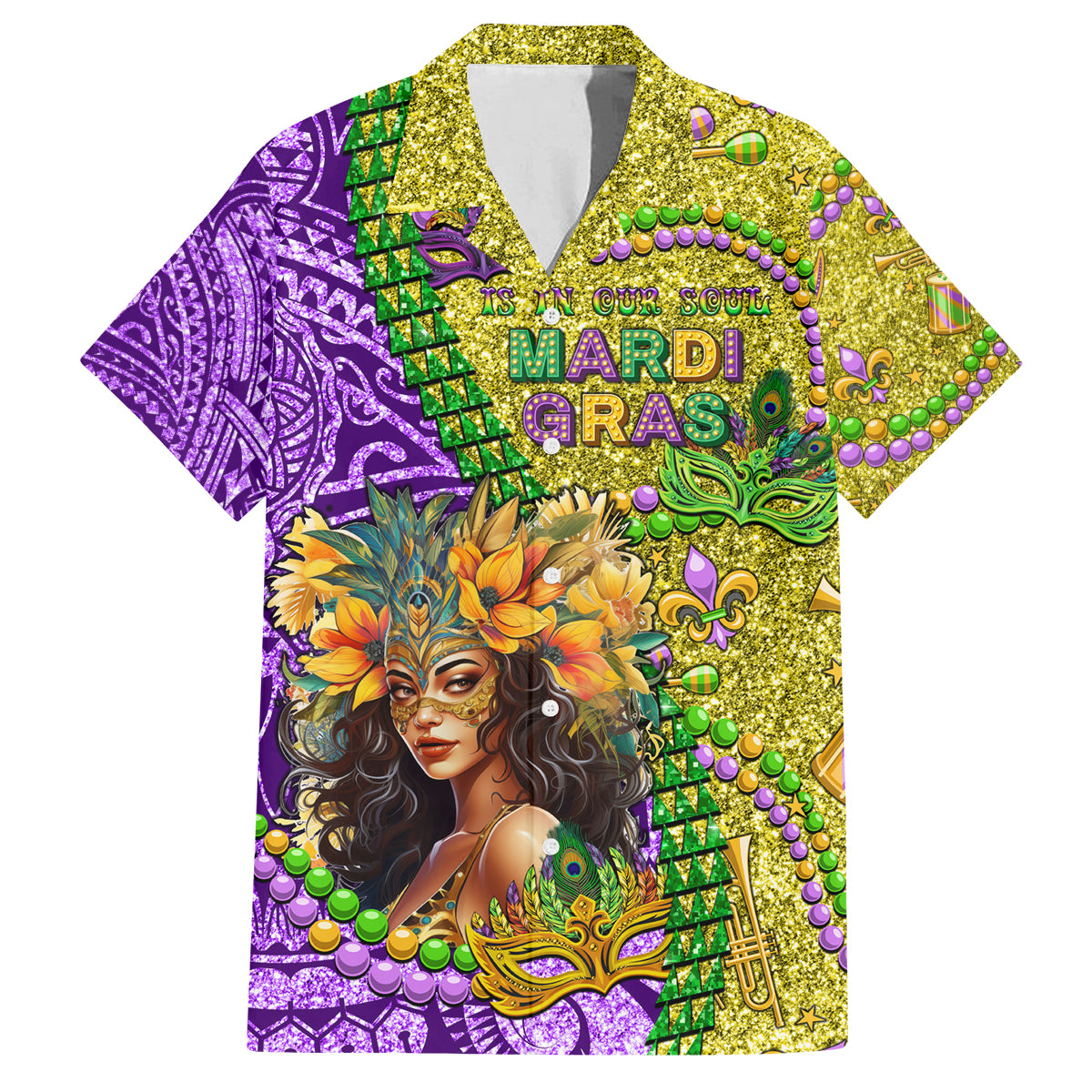 Personalised Hawaii Mardi Gras Family Matching Off Shoulder Long Sleeve Dress and Hawaiian Shirt Polynesian Pattern With Glitter Style LT05 Dad's Shirt - Short Sleeve Yellow - Polynesian Pride