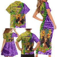 Personalised Hawaii Mardi Gras Family Matching Short Sleeve Bodycon Dress and Hawaiian Shirt Polynesian Pattern With Glitter Style LT05 - Polynesian Pride