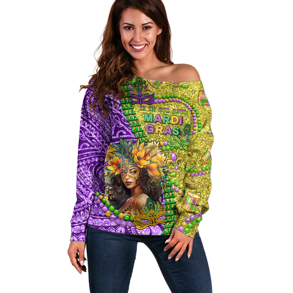 Personalised Hawaii Mardi Gras Off Shoulder Sweater Polynesian Pattern With Glitter Style LT05 Women Yellow - Polynesian Pride