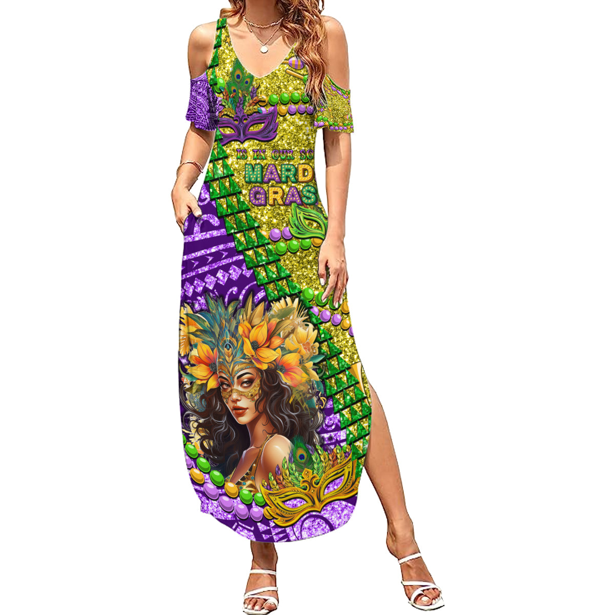 Personalised Hawaii Mardi Gras Summer Maxi Dress Polynesian Pattern With Glitter Style LT05 Women Yellow - Polynesian Pride