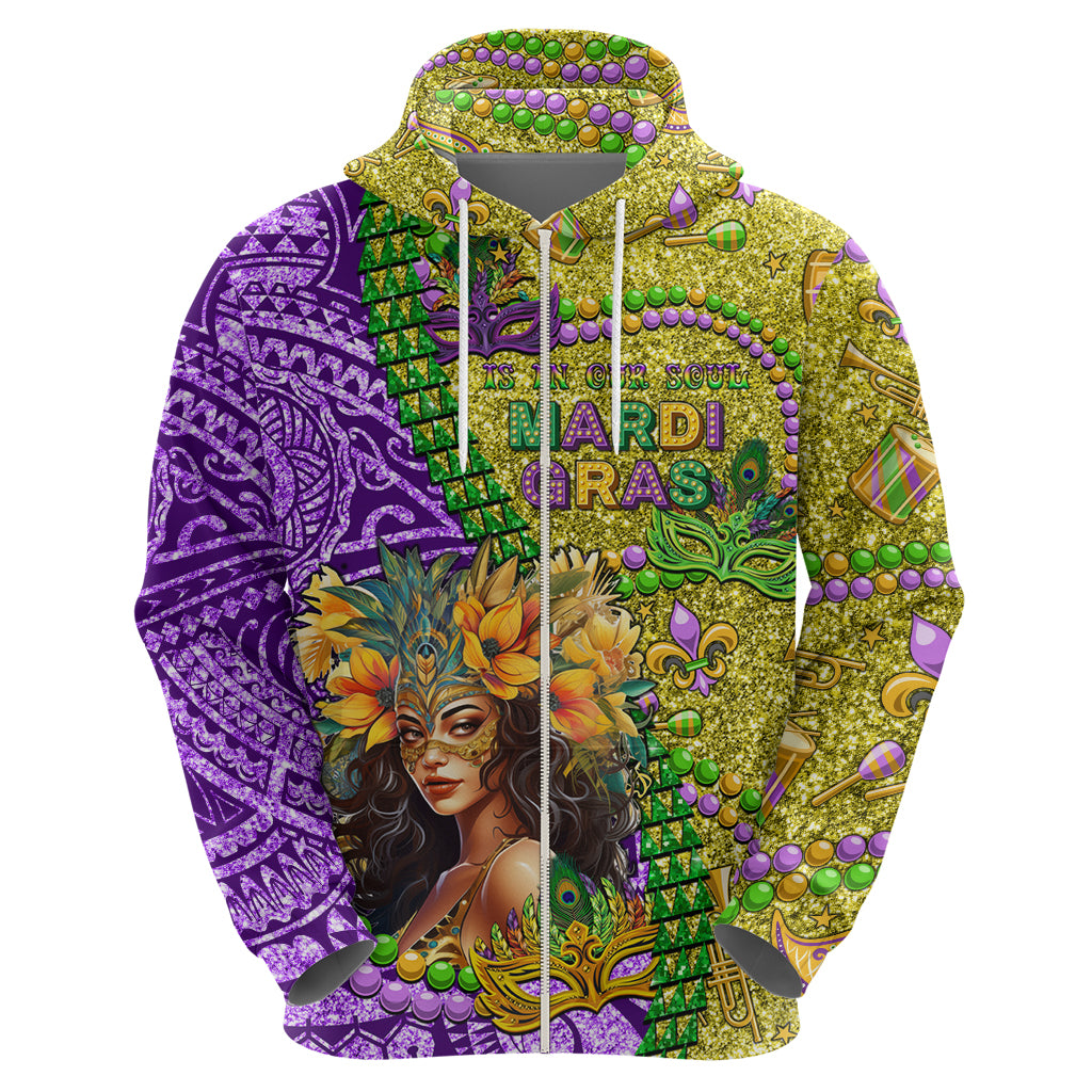 Personalised Hawaii Mardi Gras Zip Hoodie Polynesian Pattern With Glitter Style LT05 - Polynesian Pride