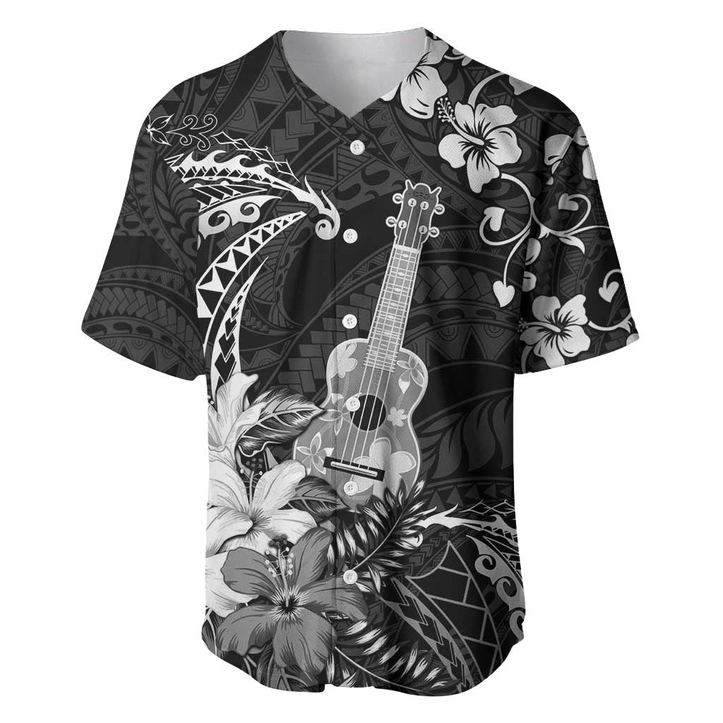 Hawaii Ukulele Baseball Jersey Polynesian Pattern Mix Hibiscus Black Version LT05