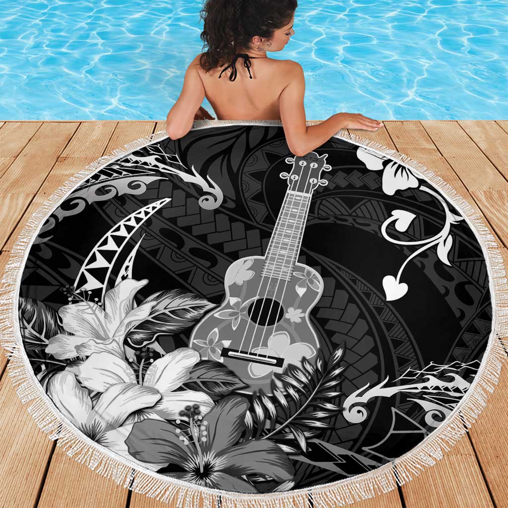 Hawaii Ukulele Beach Blanket Polynesian Pattern Mix Hibiscus Black Version