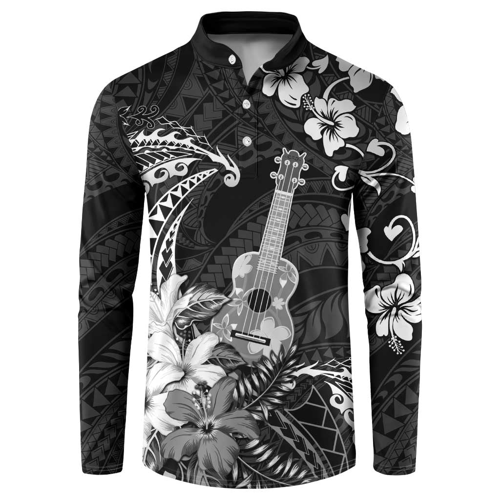 Hawaii Ukulele Button Sweatshirt Polynesian Pattern Mix Hibiscus Black Version LT05