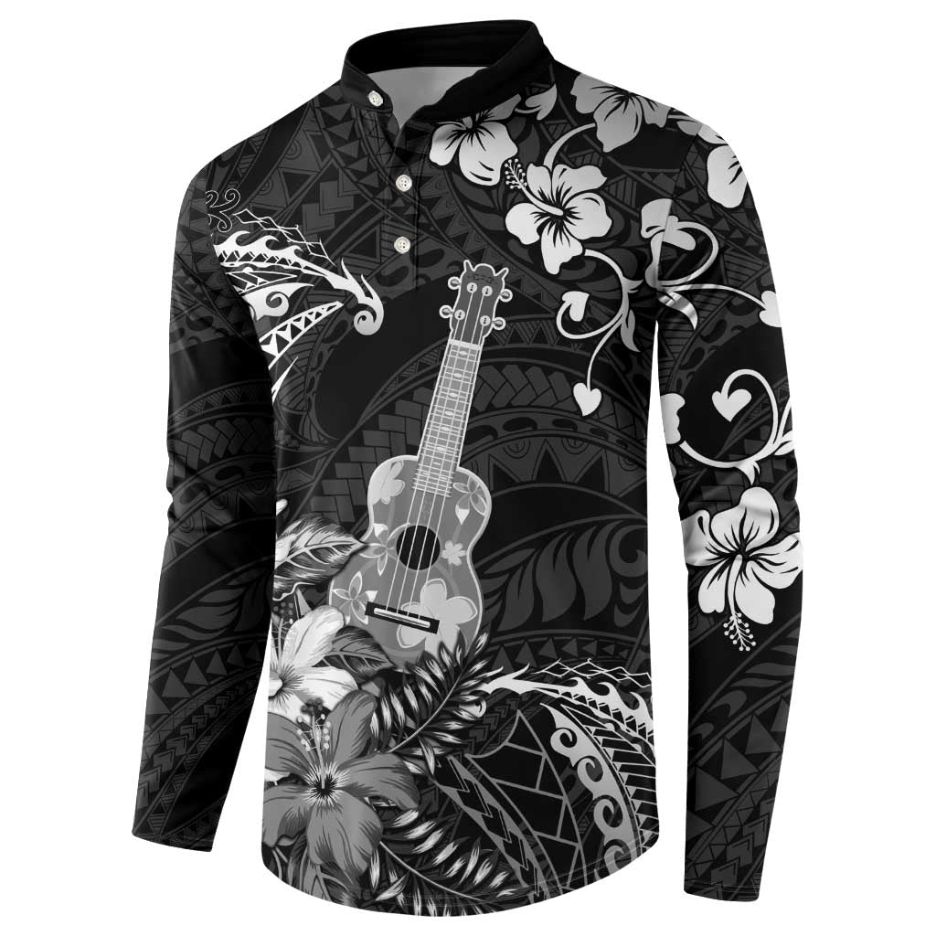 Hawaii Ukulele Button Sweatshirt Polynesian Pattern Mix Hibiscus Black Version LT05