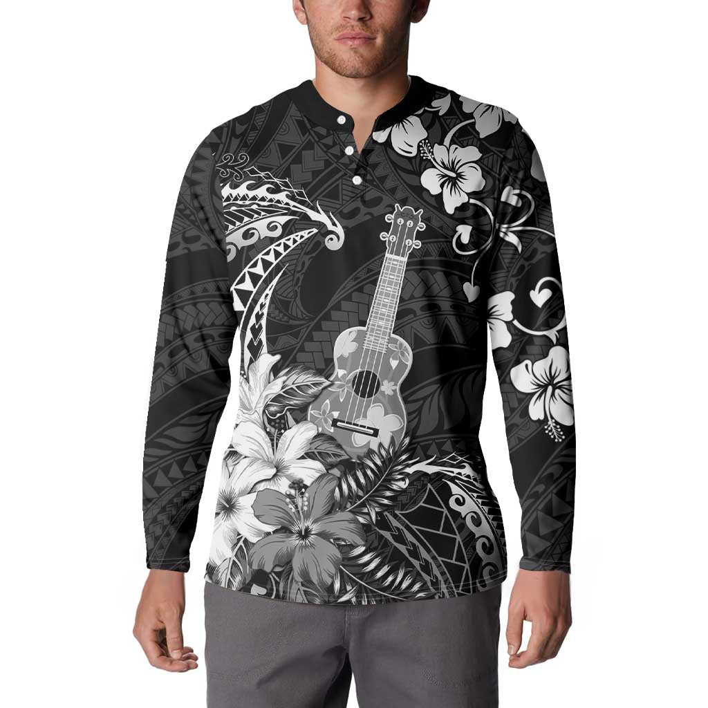 Hawaii Ukulele Button Sweatshirt Polynesian Pattern Mix Hibiscus Black Version LT05