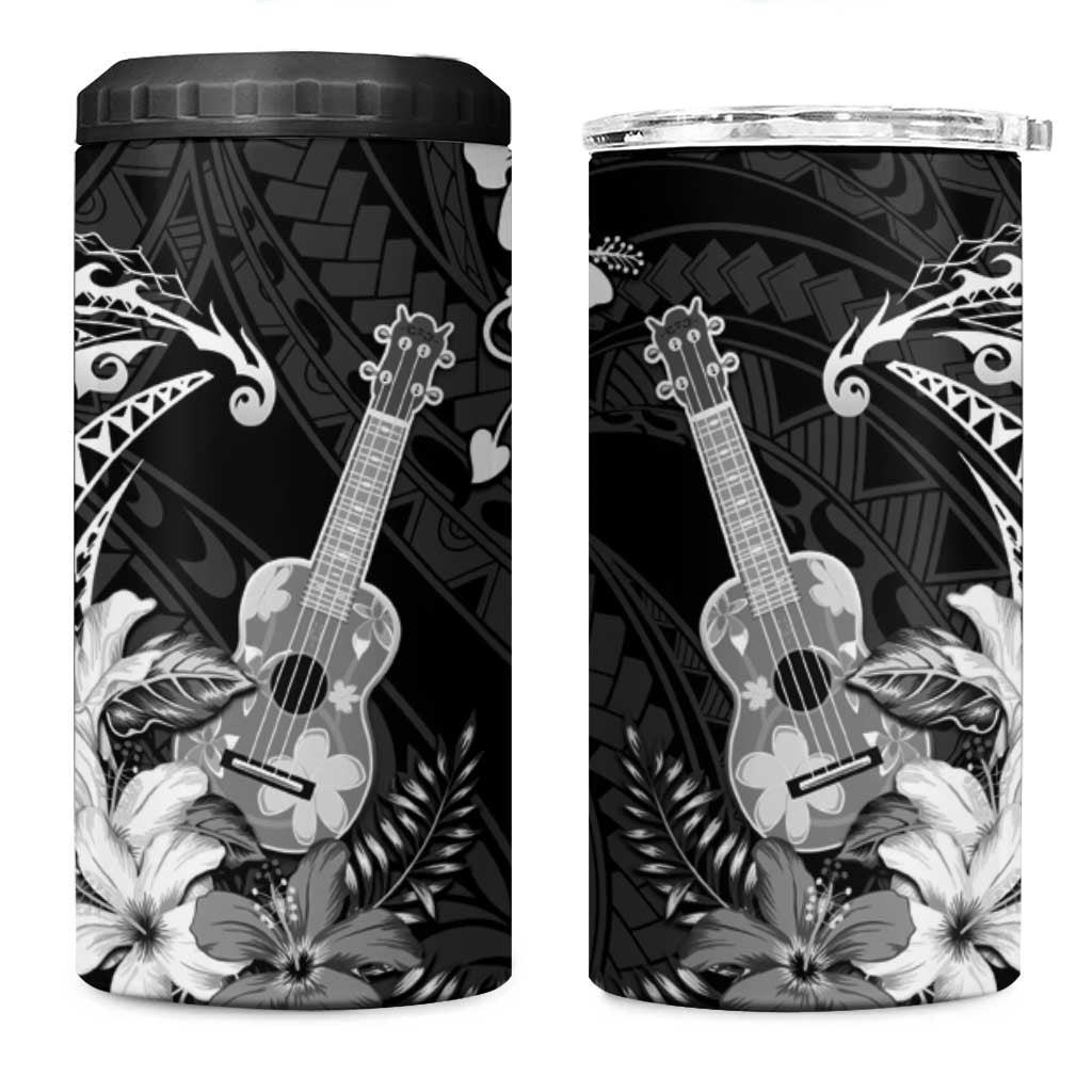 Hawaii Ukulele 4 in 1 Can Cooler Tumbler Polynesian Pattern Mix Hibiscus Black Version