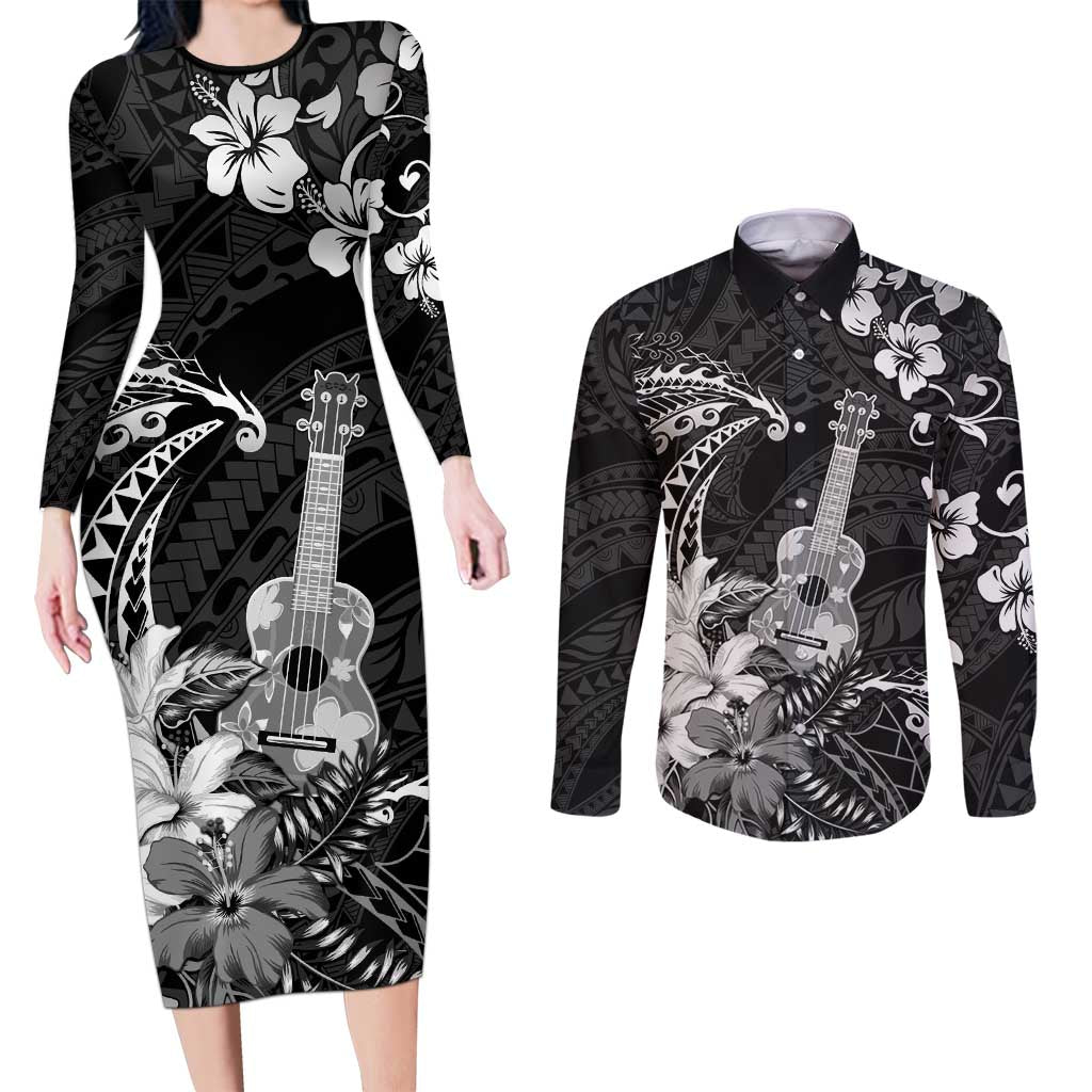 Hawaii Ukulele Couples Matching Long Sleeve Bodycon Dress and Long Sleeve Button Shirt Polynesian Pattern Mix Hibiscus Black Version LT05