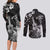 Hawaii Ukulele Couples Matching Long Sleeve Bodycon Dress and Long Sleeve Button Shirt Polynesian Pattern Mix Hibiscus Black Version LT05