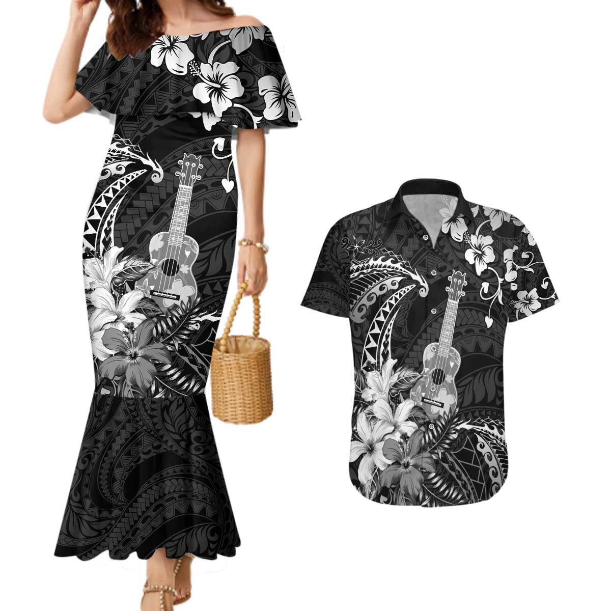 Hawaii Ukulele Couples Matching Mermaid Dress and Hawaiian Shirt Polynesian Pattern Mix Hibiscus Black Version LT05