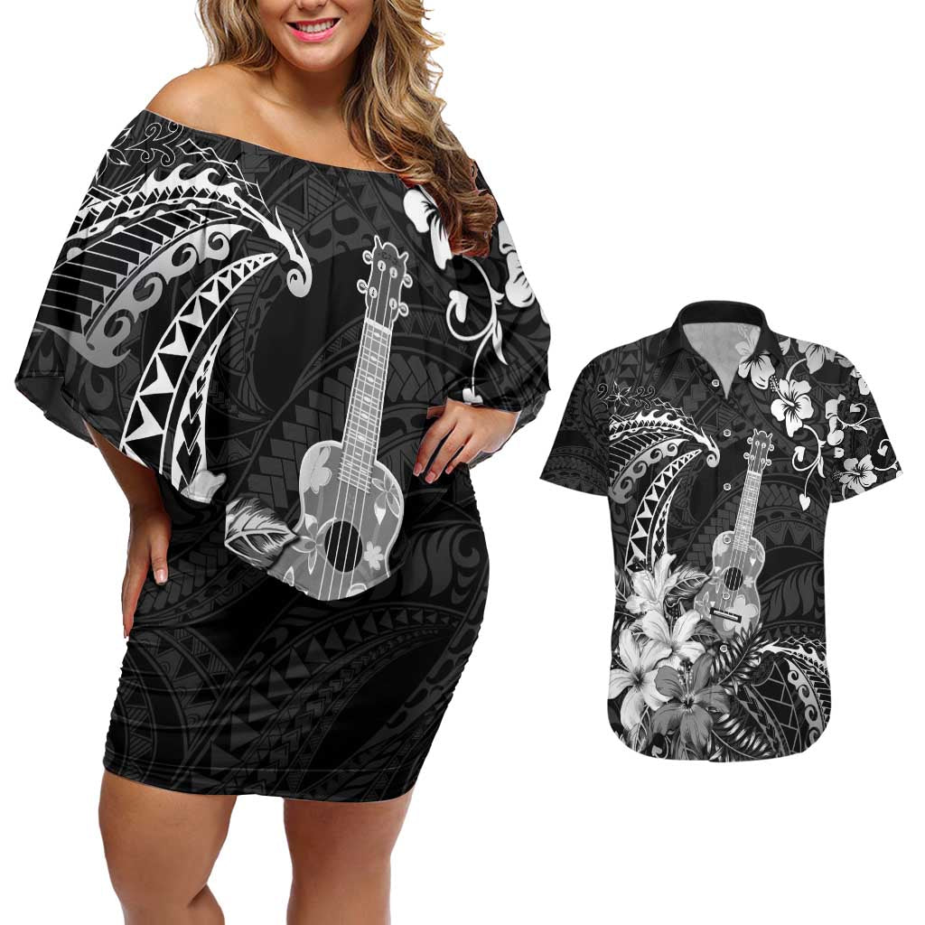 Hawaii Ukulele Couples Matching Off Shoulder Short Dress and Hawaiian Shirt Polynesian Pattern Mix Hibiscus Black Version LT05