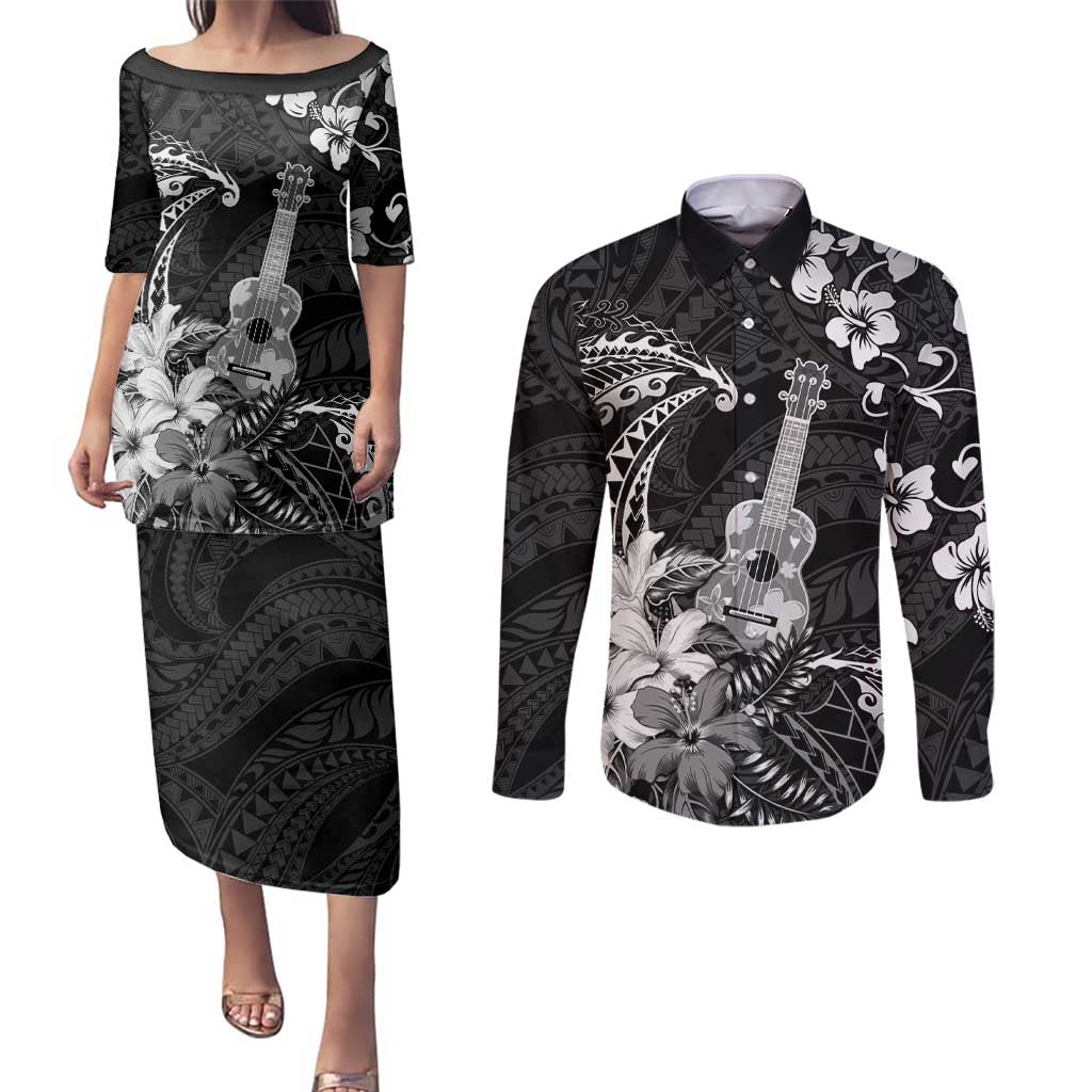 Hawaii Ukulele Couples Matching Puletasi and Long Sleeve Button Shirt Polynesian Pattern Mix Hibiscus Black Version LT05