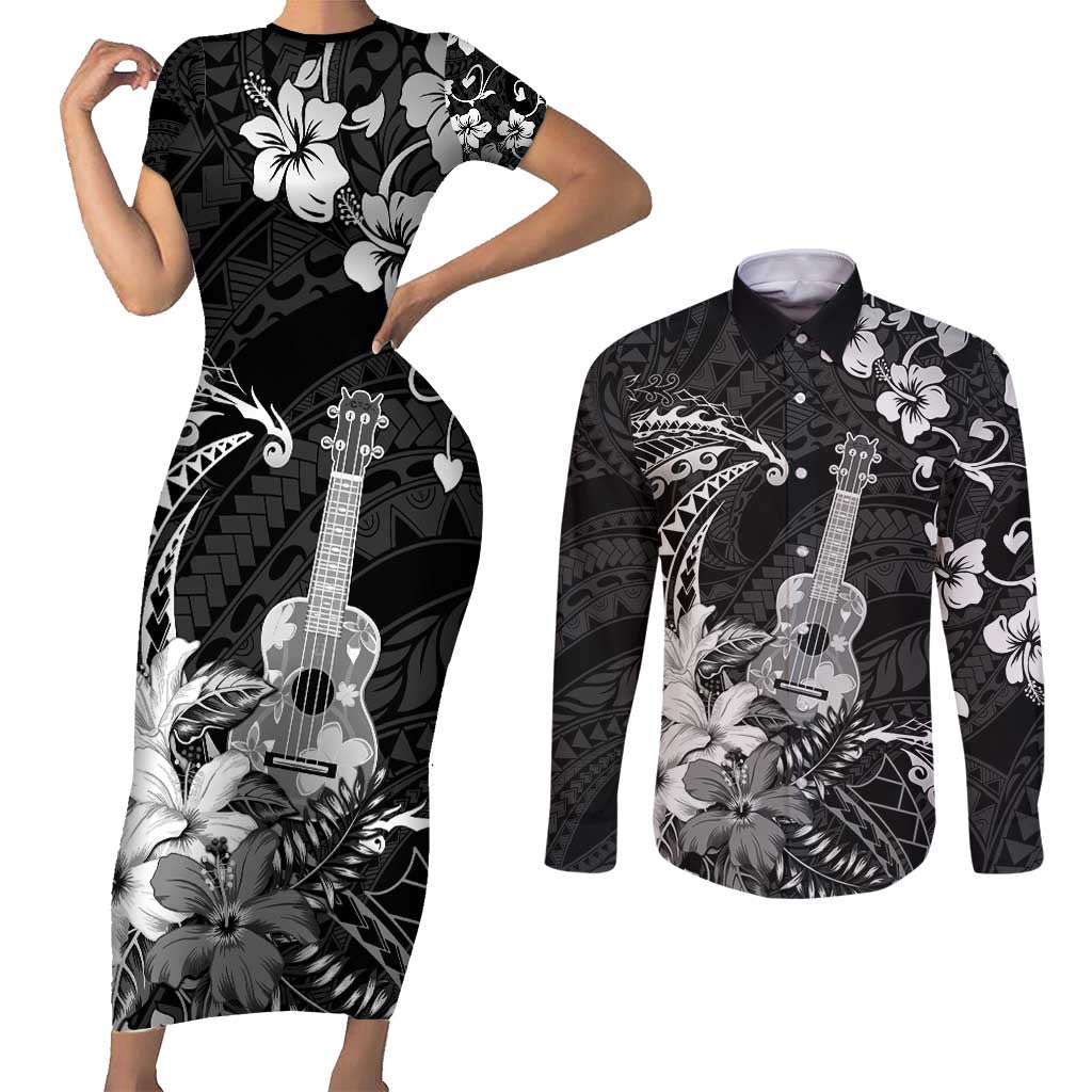 Hawaii Ukulele Couples Matching Short Sleeve Bodycon Dress and Long Sleeve Button Shirt Polynesian Pattern Mix Hibiscus Black Version LT05