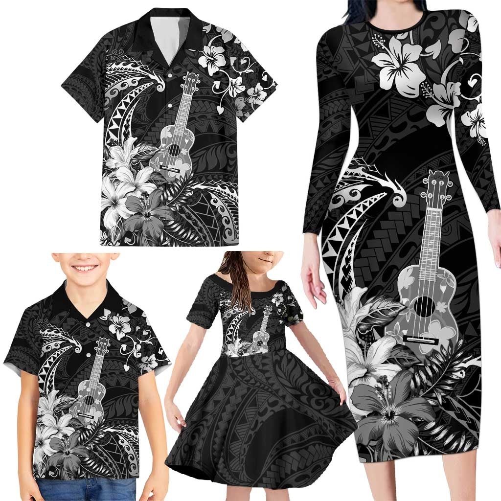 Hawaii Ukulele Family Matching Long Sleeve Bodycon Dress and Hawaiian Shirt Polynesian Pattern Mix Hibiscus Black Version LT05