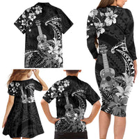 Hawaii Ukulele Family Matching Long Sleeve Bodycon Dress and Hawaiian Shirt Polynesian Pattern Mix Hibiscus Black Version LT05