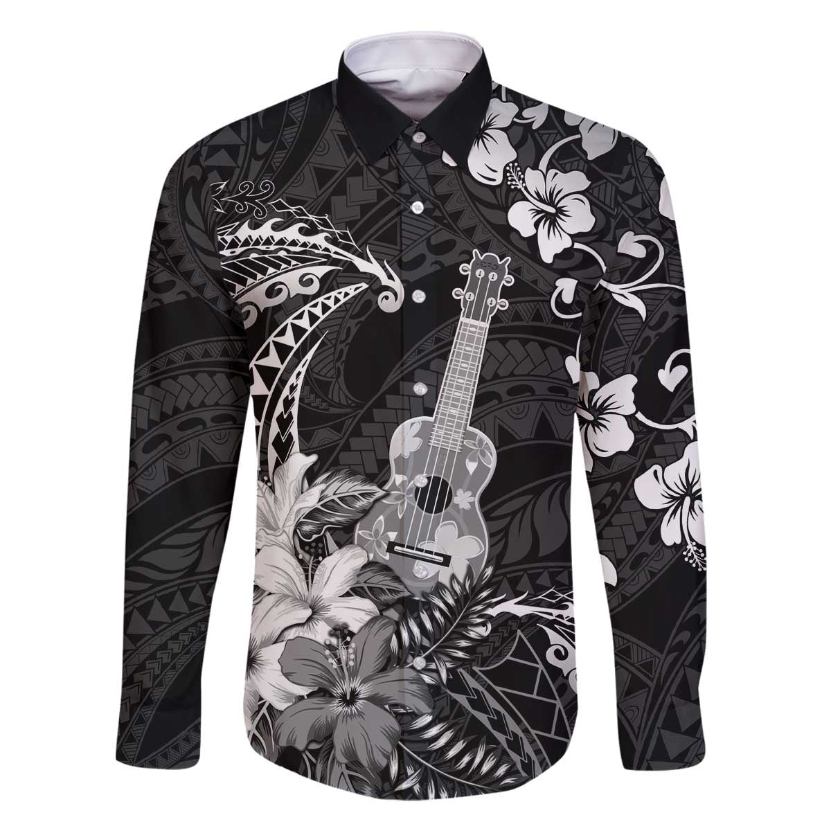 Hawaii Ukulele Family Matching Off The Shoulder Long Sleeve Dress and Hawaiian Shirt Polynesian Pattern Mix Hibiscus Black Version LT05