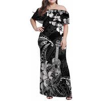 Hawaii Ukulele Family Matching Off Shoulder Maxi Dress and Hawaiian Shirt Polynesian Pattern Mix Hibiscus Black Version LT05