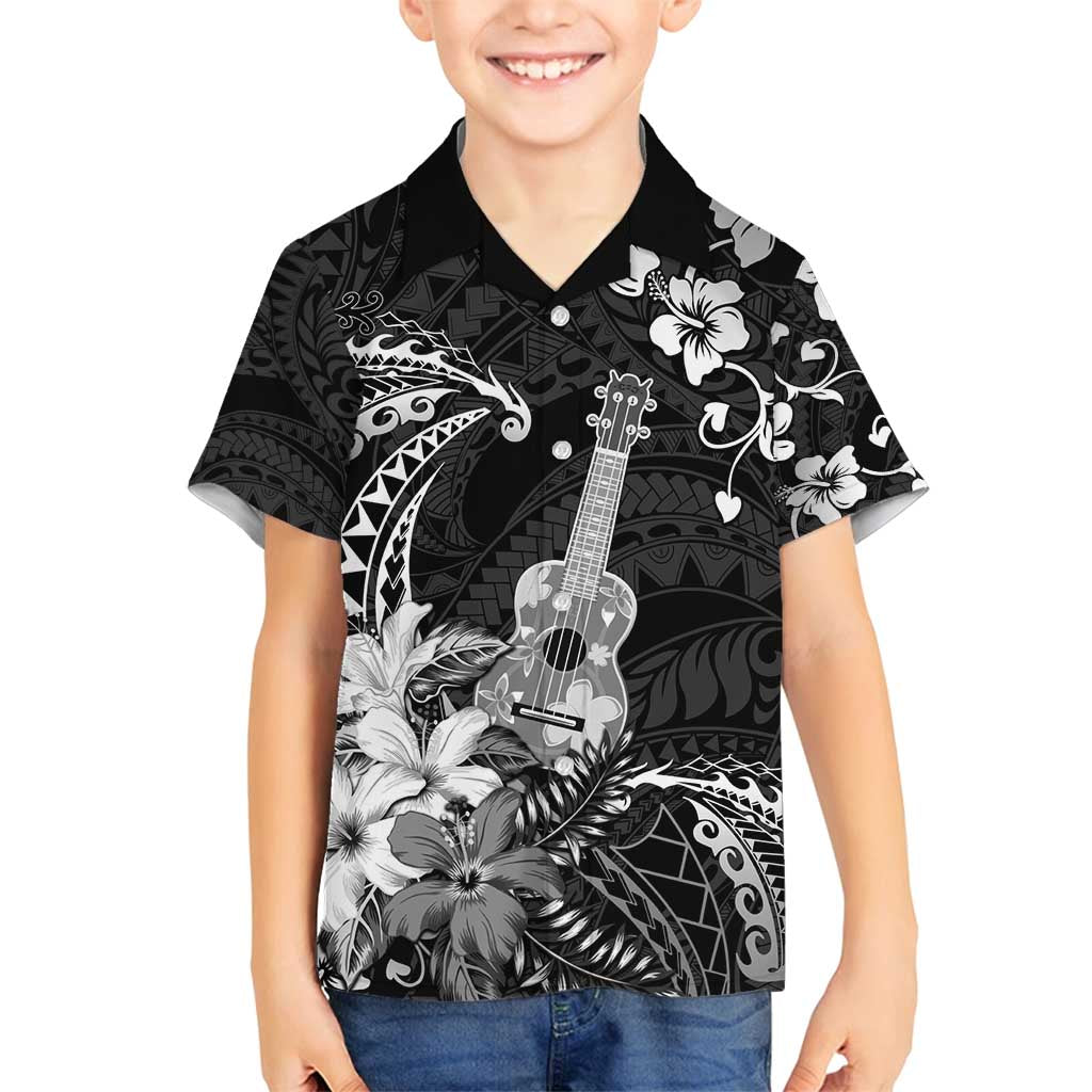 Hawaii Ukulele Family Matching Off Shoulder Short Dress and Hawaiian Shirt Polynesian Pattern Mix Hibiscus Black Version LT05
