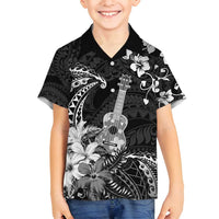 Hawaii Ukulele Family Matching Off Shoulder Short Dress and Hawaiian Shirt Polynesian Pattern Mix Hibiscus Black Version LT05