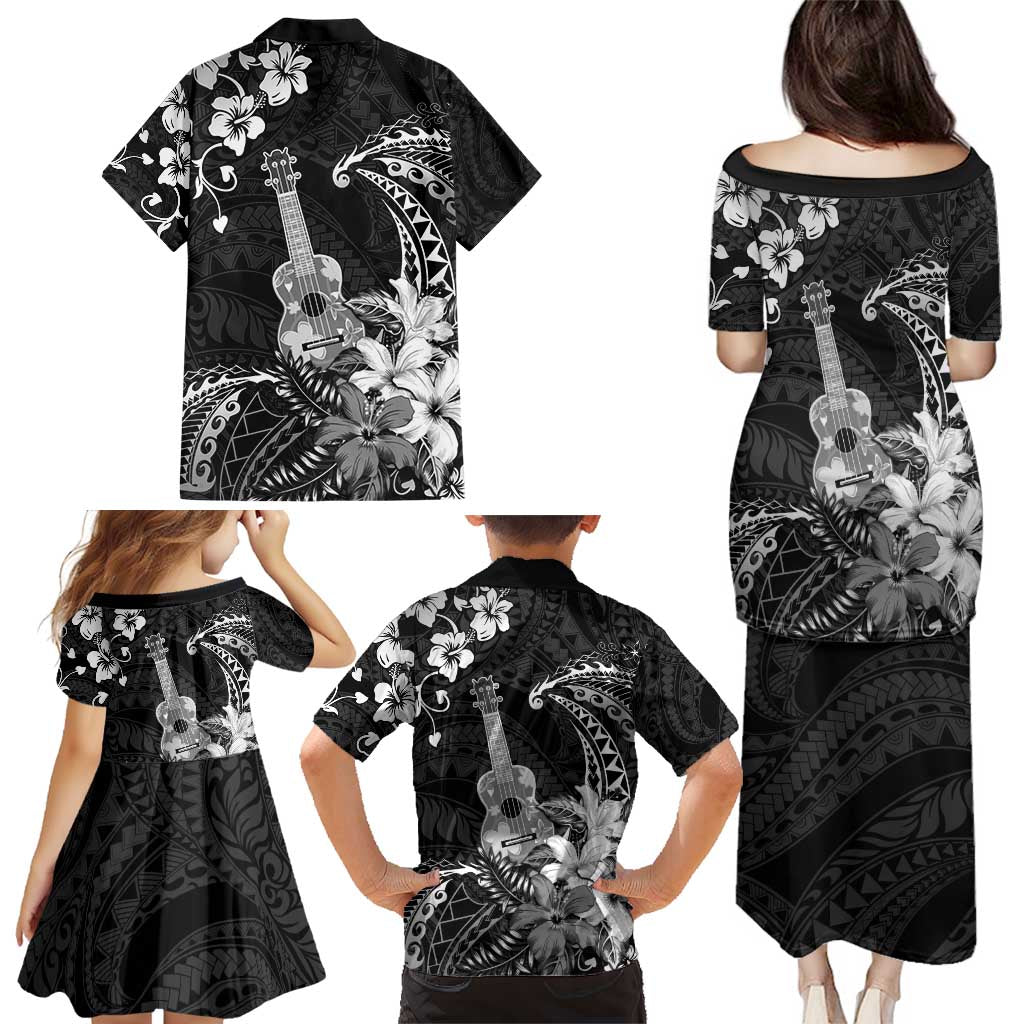 Hawaii Ukulele Family Matching Puletasi and Hawaiian Shirt Polynesian Pattern Mix Hibiscus Black Version LT05