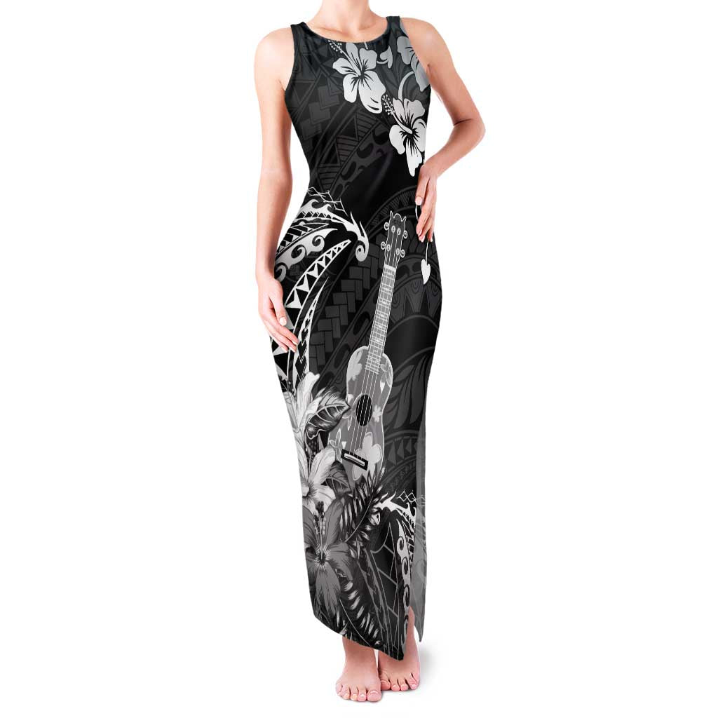 Hawaii Ukulele Family Matching Tank Maxi Dress and Hawaiian Shirt Polynesian Pattern Mix Hibiscus Black Version LT05