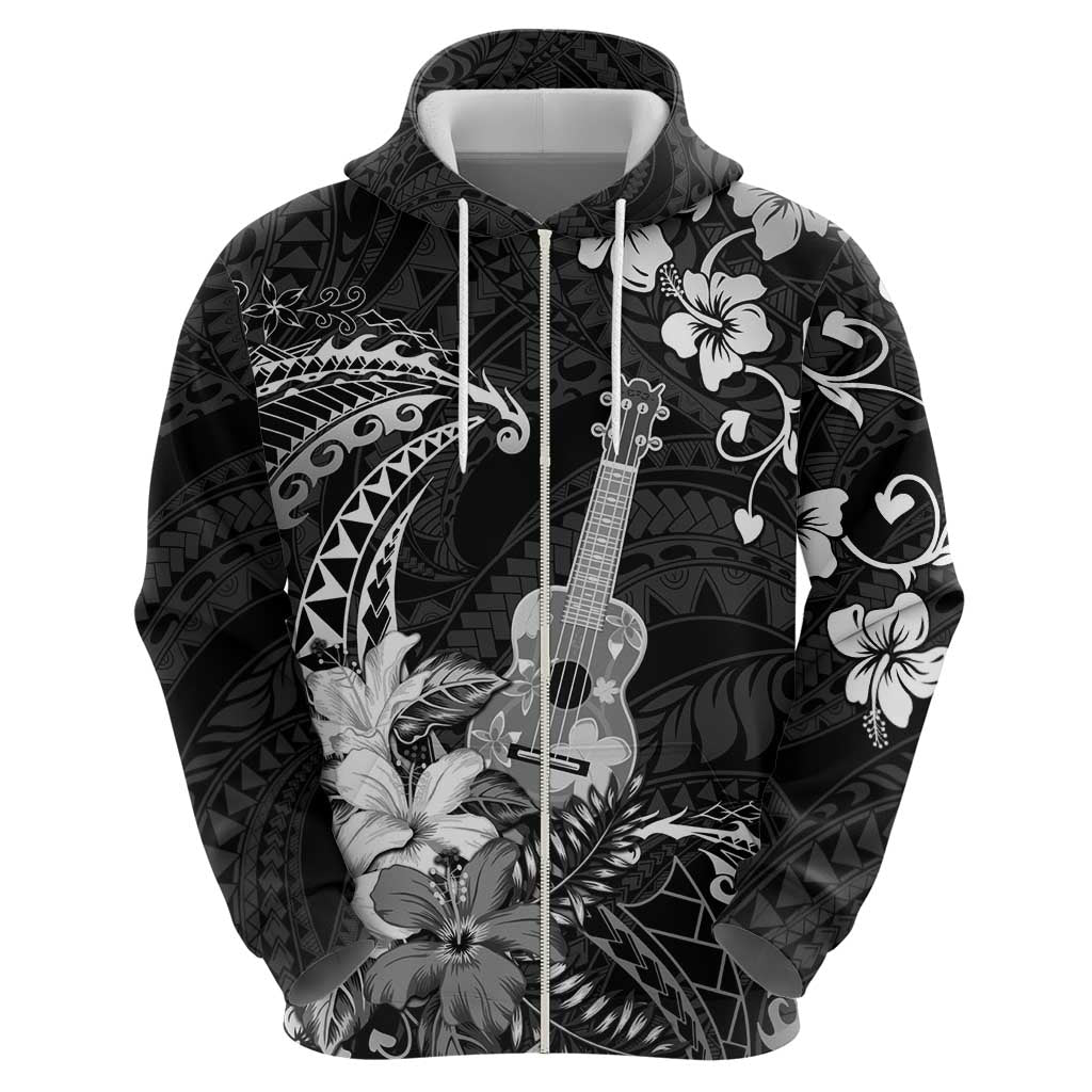 Hawaii Ukulele Hoodie Polynesian Pattern Mix Hibiscus Black Version LT05