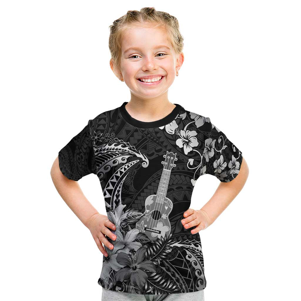 Hawaii Ukulele Kid T Shirt Polynesian Pattern Mix Hibiscus Black Version LT05