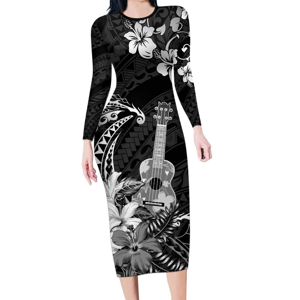 Hawaii Ukulele Long Sleeve Bodycon Dress Polynesian Pattern Mix Hibiscus Black Version LT05