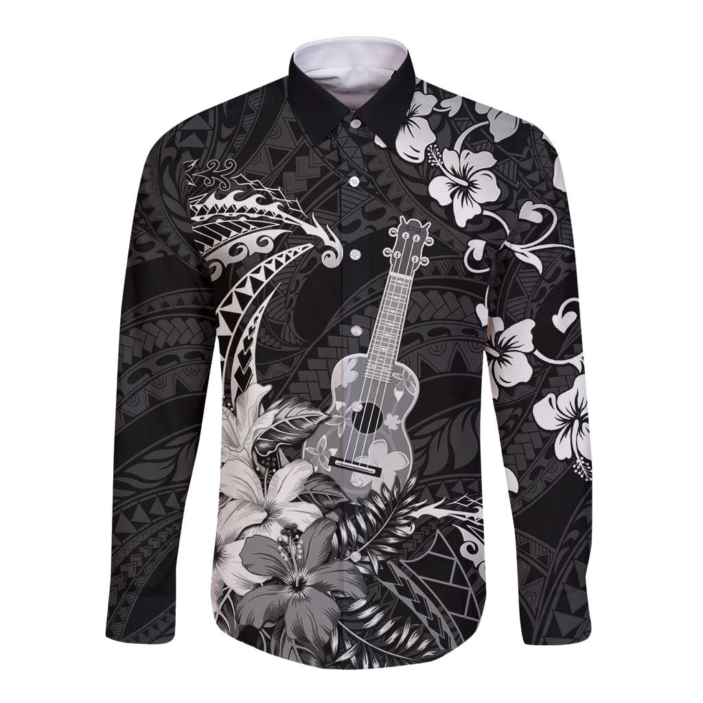 Hawaii Ukulele Long Sleeve Button Shirt Polynesian Pattern Mix Hibiscus Black Version LT05