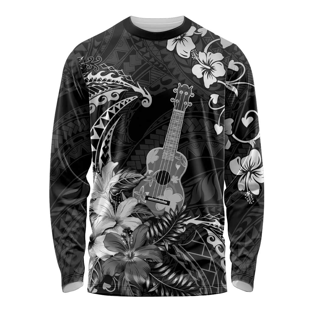 Hawaii Ukulele Long Sleeve Shirt Polynesian Pattern Mix Hibiscus Black Version LT05