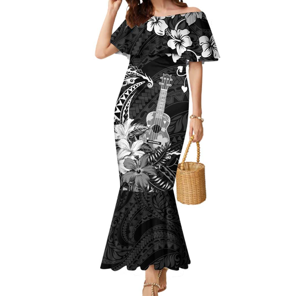 Hawaii Ukulele Mermaid Dress Polynesian Pattern Mix Hibiscus Black Version LT05