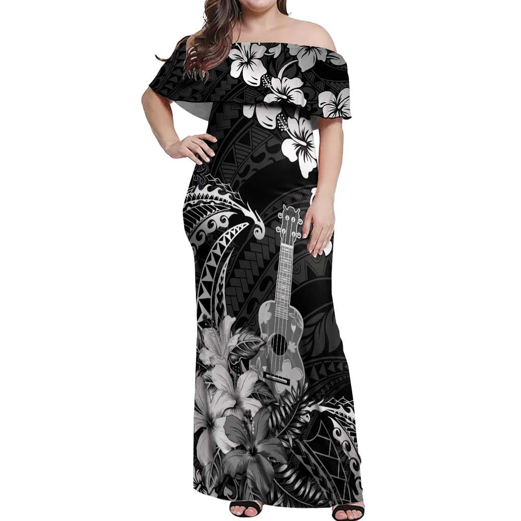 Hawaii Ukulele Off Shoulder Maxi Dress Polynesian Pattern Mix Hibiscus Black Version LT05