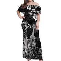 Hawaii Ukulele Off Shoulder Maxi Dress Polynesian Pattern Mix Hibiscus Black Version LT05
