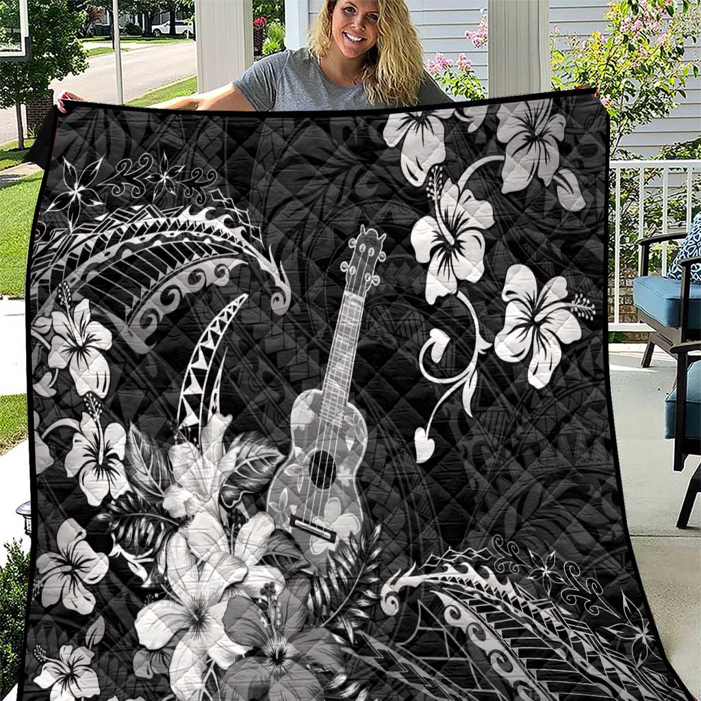 Hawaii Ukulele Quilt Polynesian Pattern Mix Hibiscus Black Version