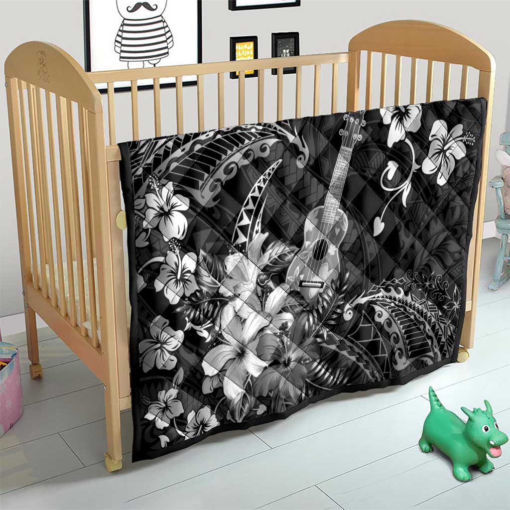 Hawaii Ukulele Quilt Polynesian Pattern Mix Hibiscus Black Version