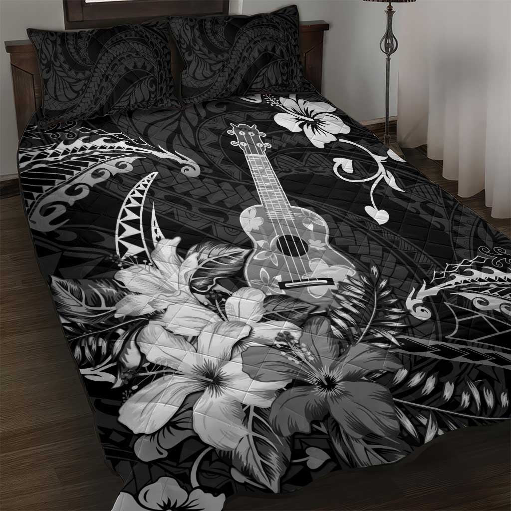 Hawaii Ukulele Quilt Bed Set Polynesian Pattern Mix Hibiscus Black Version