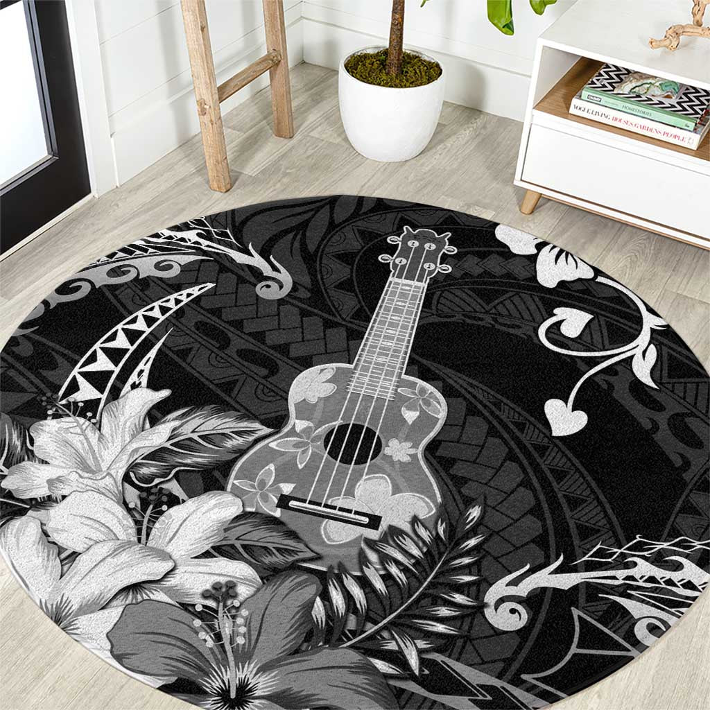 Hawaii Ukulele Round Carpet Polynesian Pattern Mix Hibiscus Black Version