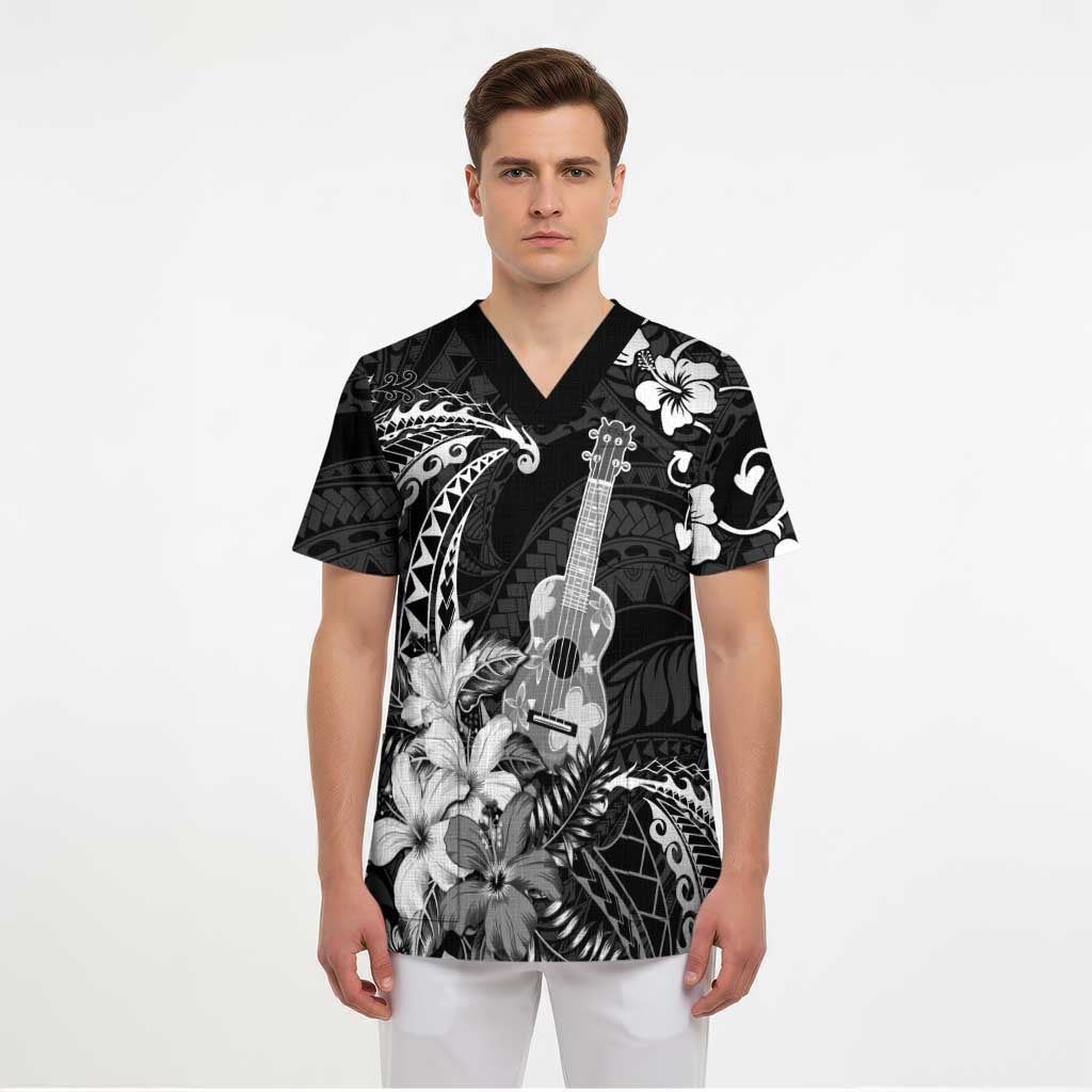 Hawaii Ukulele Scrub Top Polynesian Pattern Mix Hibiscus Black Version - Polynesian Pride