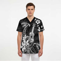 Hawaii Ukulele Scrub Top Polynesian Pattern Mix Hibiscus Black Version - Polynesian Pride