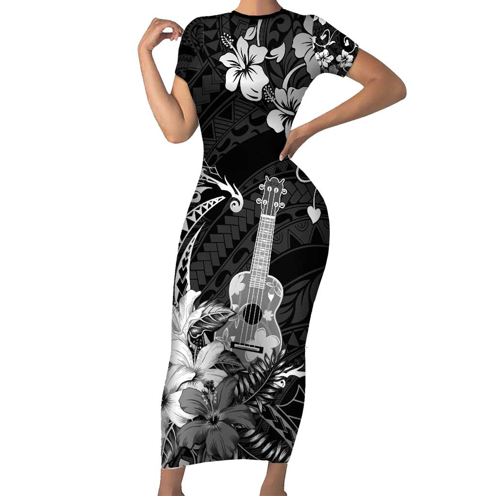 Hawaii Ukulele Short Sleeve Bodycon Dress Polynesian Pattern Mix Hibiscus Black Version LT05