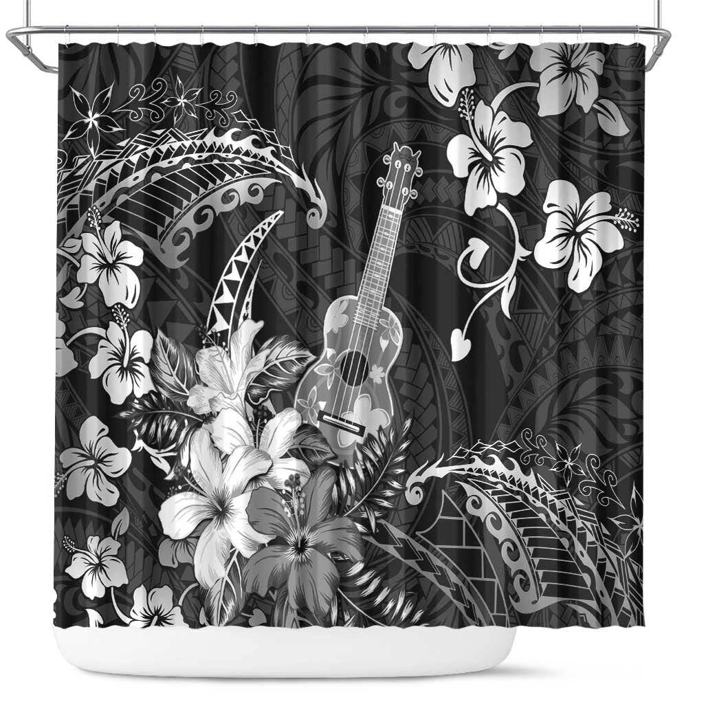 Hawaii Ukulele Shower Curtain Polynesian Pattern Mix Hibiscus Black Version