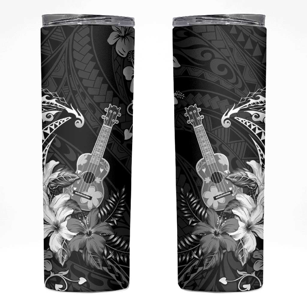 Hawaii Ukulele Skinny Tumbler Polynesian Pattern Mix Hibiscus Black Version