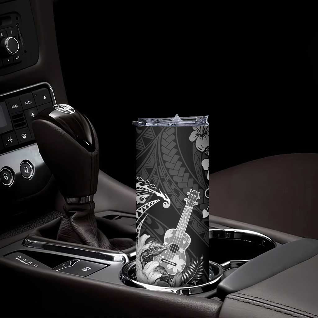 Hawaii Ukulele Skinny Tumbler Polynesian Pattern Mix Hibiscus Black Version