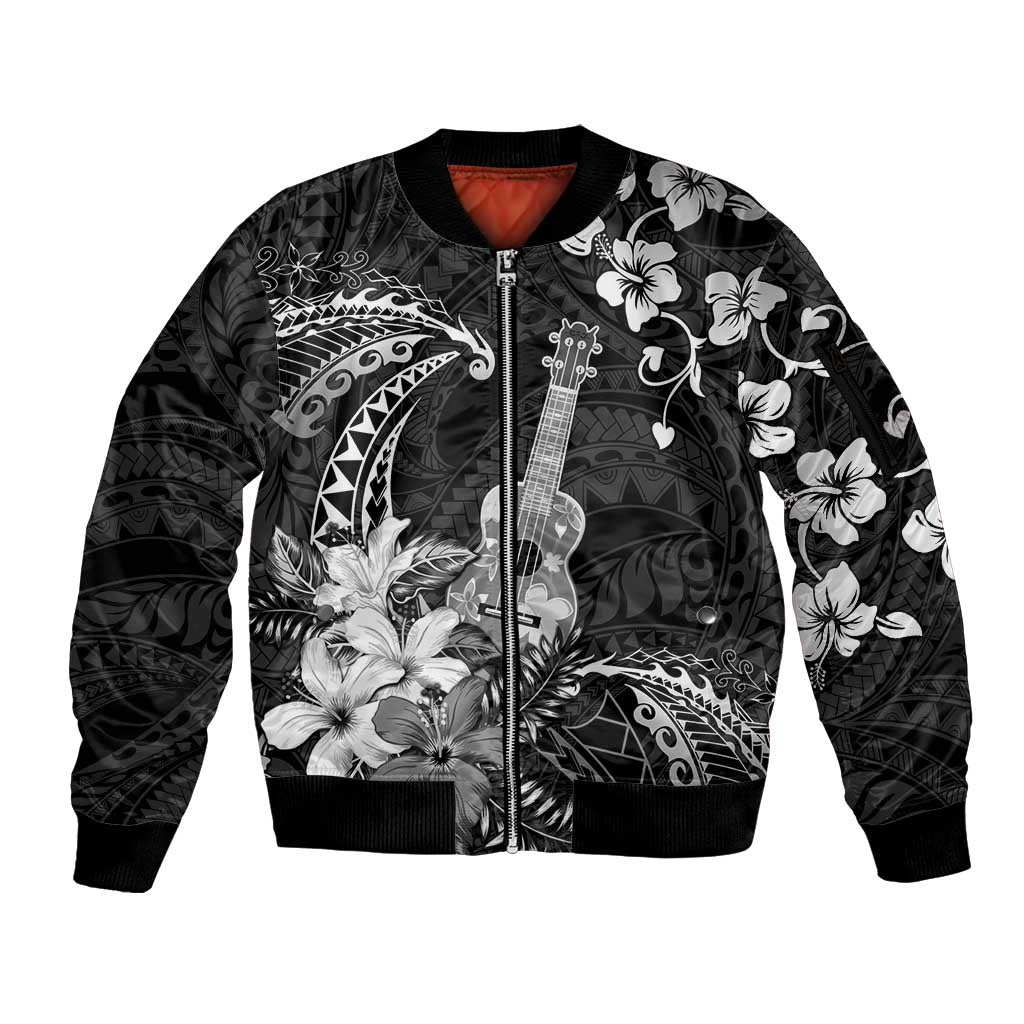 Hawaii Ukulele Sleeve Zip Bomber Jacket Polynesian Pattern Mix Hibiscus Black Version LT05